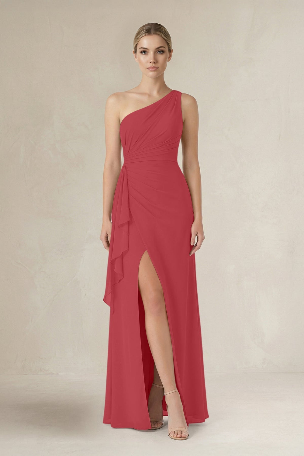 One - Shoulder Sheath Ruched Ruffled Bridesmaid Dress in Merlot - KissProm Bridesmaid Dresses
