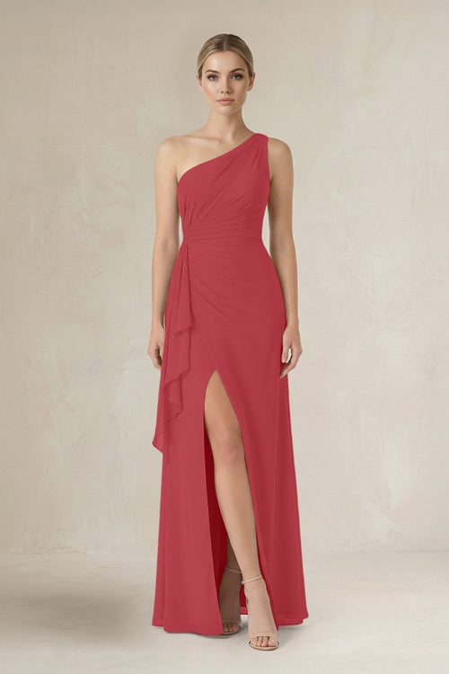 One - Shoulder Sheath Ruched Ruffled Bridesmaid Dress in Merlot - KissProm Bridesmaid Dresses