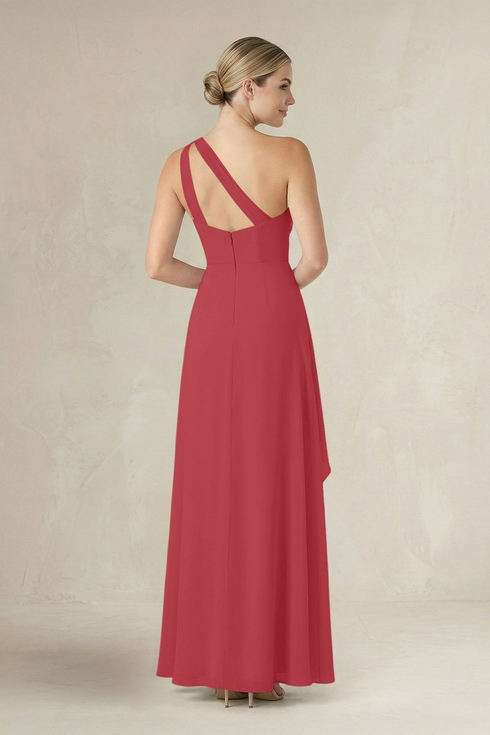 One - Shoulder Sheath Ruched Ruffled Bridesmaid Dress in Merlot - KissProm Bridesmaid Dresses