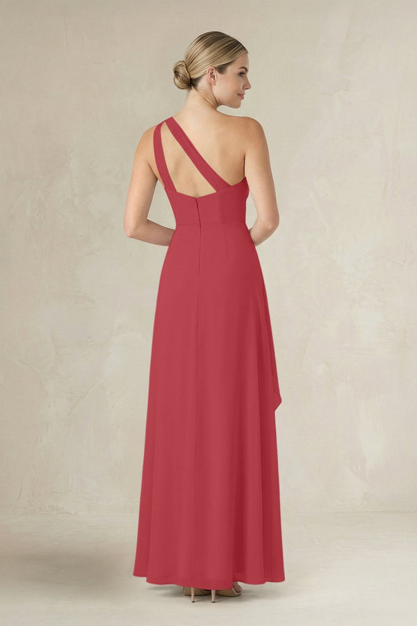 One - Shoulder Sheath Ruched Ruffled Bridesmaid Dress in Merlot - KissProm Bridesmaid Dresses