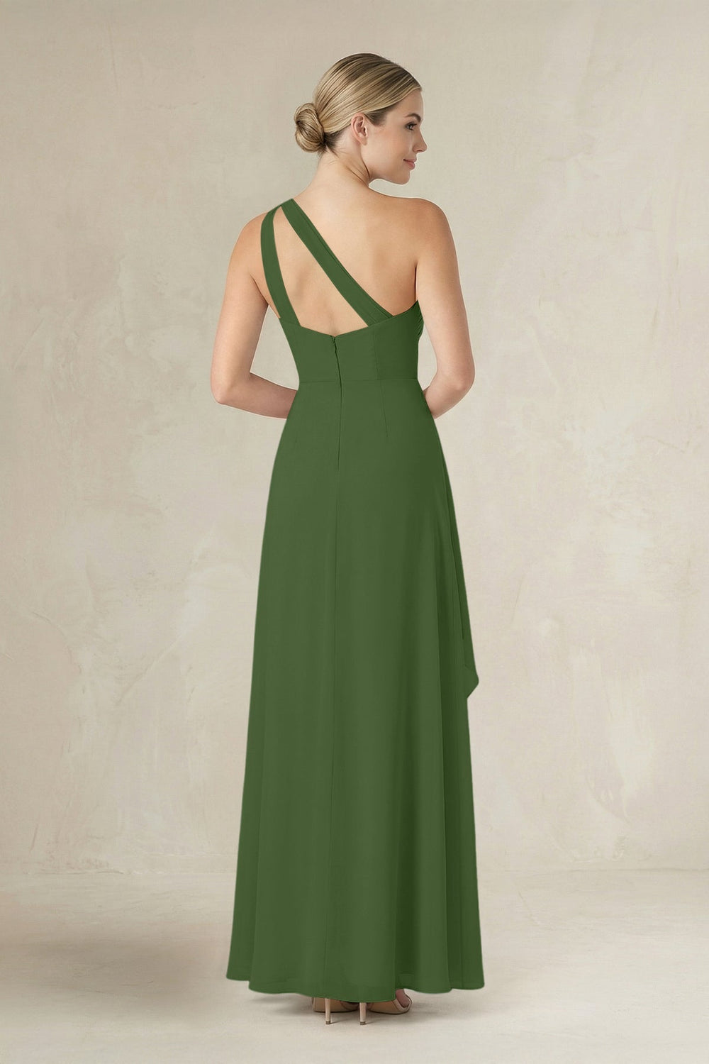 One - Shoulder Sheath Ruched Ruffled Bridesmaid Dress in Moss - KissProm Bridesmaid Dresses
