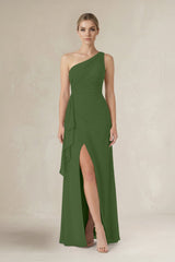 One - Shoulder Sheath Ruched Ruffled Bridesmaid Dress in Moss - KissProm Bridesmaid Dresses