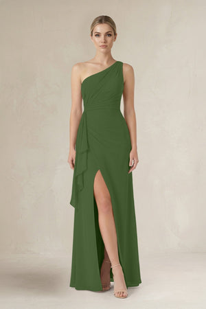 One - Shoulder Sheath Ruched Ruffled Bridesmaid Dress in Moss - KissProm Bridesmaid Dresses