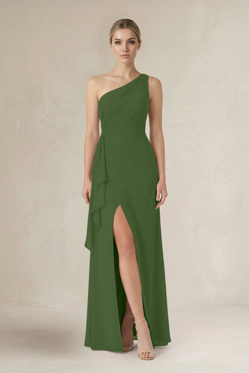 One - Shoulder Sheath Ruched Ruffled Bridesmaid Dress in Moss - KissProm Bridesmaid Dresses