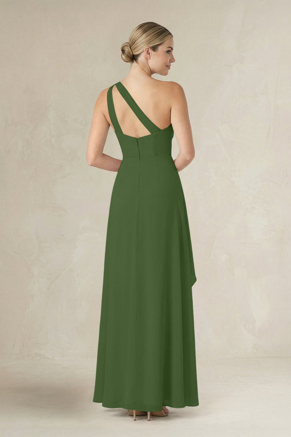One - Shoulder Sheath Ruched Ruffled Bridesmaid Dress in Moss - KissProm Bridesmaid Dresses