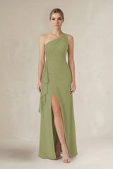 One - Shoulder Sheath Ruched Ruffled Bridesmaid Dress in Moss Green - KissProm Bridesmaid Dresses