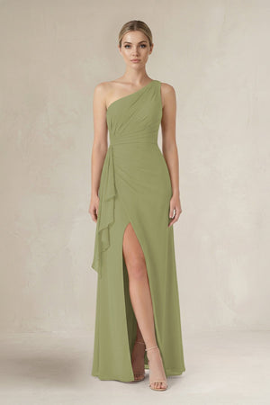 One - Shoulder Sheath Ruched Ruffled Bridesmaid Dress in Moss Green - KissProm Bridesmaid Dresses