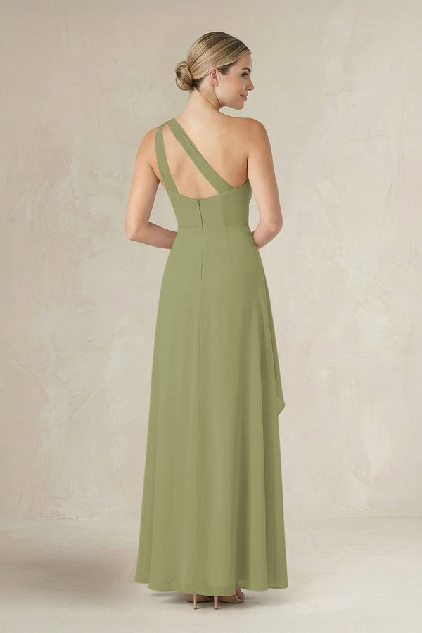 One - Shoulder Sheath Ruched Ruffled Bridesmaid Dress in Moss Green - KissProm Bridesmaid Dresses