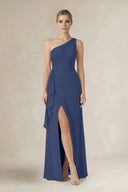 One - Shoulder Sheath Ruched Ruffled Bridesmaid Dress in Navy - KissProm Bridesmaid Dresses