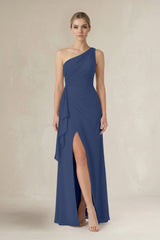 One - Shoulder Sheath Ruched Ruffled Bridesmaid Dress in Navy - KissProm Bridesmaid Dresses