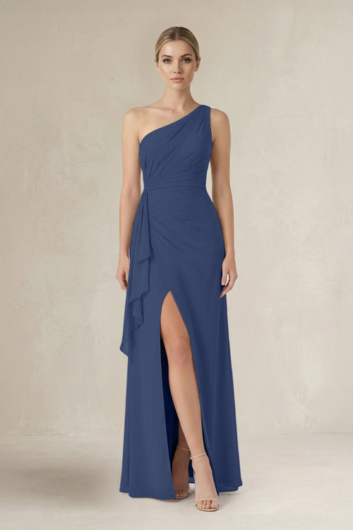 One - Shoulder Sheath Ruched Ruffled Bridesmaid Dress in Navy - KissProm Bridesmaid Dresses