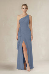 One - Shoulder Sheath Ruched Ruffled Bridesmaid Dress in Neptune - KissProm Bridesmaid Dresses