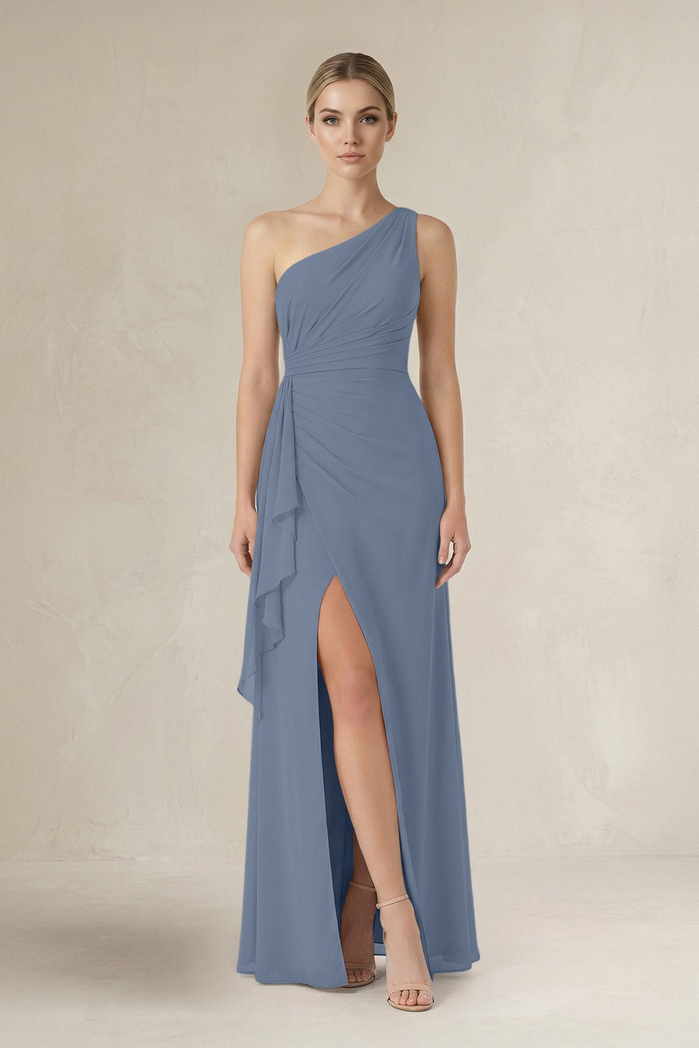 One - Shoulder Sheath Ruched Ruffled Bridesmaid Dress in Neptune - KissProm Bridesmaid Dresses