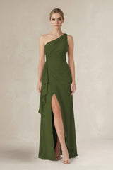 One - Shoulder Sheath Ruched Ruffled Bridesmaid Dress in Olive - KissProm Bridesmaid Dresses