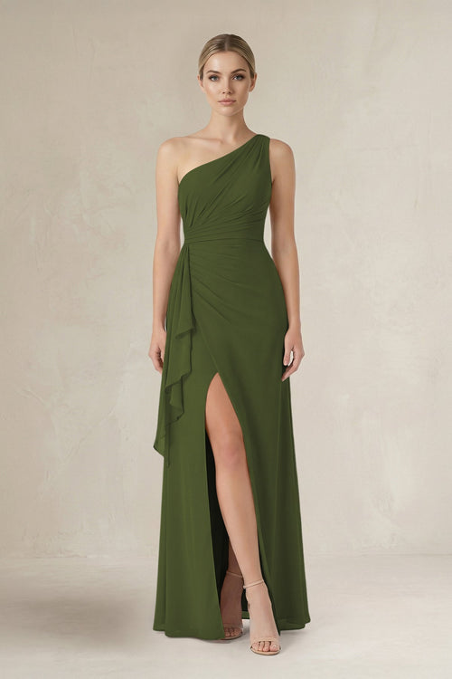 One - Shoulder Sheath Ruched Ruffled Bridesmaid Dress in Olive - KissProm Bridesmaid Dresses