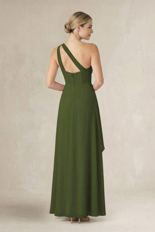 One - Shoulder Sheath Ruched Ruffled Bridesmaid Dress in Olive - KissProm Bridesmaid Dresses