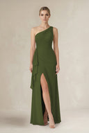 One - Shoulder Sheath Ruched Ruffled Bridesmaid Dress in Olive - KissProm Bridesmaid Dresses