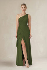 One - Shoulder Sheath Ruched Ruffled Bridesmaid Dress in Olive - KissProm Bridesmaid Dresses