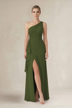 One - Shoulder Sheath Ruched Ruffled Bridesmaid Dress in Olive - KissProm Bridesmaid Dresses