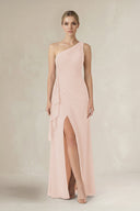 One - Shoulder Sheath Ruched Ruffled Bridesmaid Dress in Pale Blush - KissProm Bridesmaid Dresses