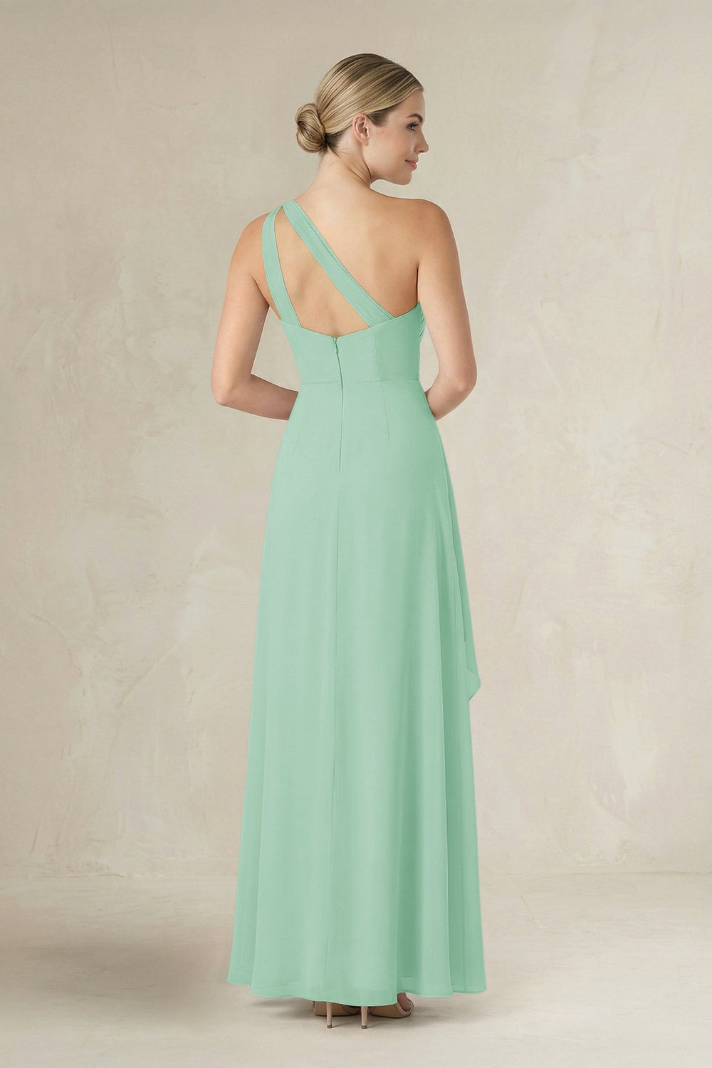 One - Shoulder Sheath Ruched Ruffled Bridesmaid Dress in Pale Pistachio - KissProm Bridesmaid Dresses