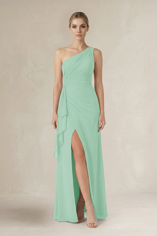 One - Shoulder Sheath Ruched Ruffled Bridesmaid Dress in Pale Pistachio - KissProm Bridesmaid Dresses