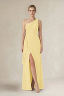 One - Shoulder Sheath Ruched Ruffled Bridesmaid Dress in Pastel Yellow - KissProm Bridesmaid Dresses