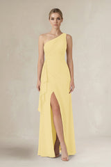 One - Shoulder Sheath Ruched Ruffled Bridesmaid Dress in Pastel Yellow - KissProm Bridesmaid Dresses