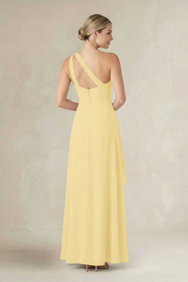 One - Shoulder Sheath Ruched Ruffled Bridesmaid Dress in Pastel Yellow - KissProm Bridesmaid Dresses