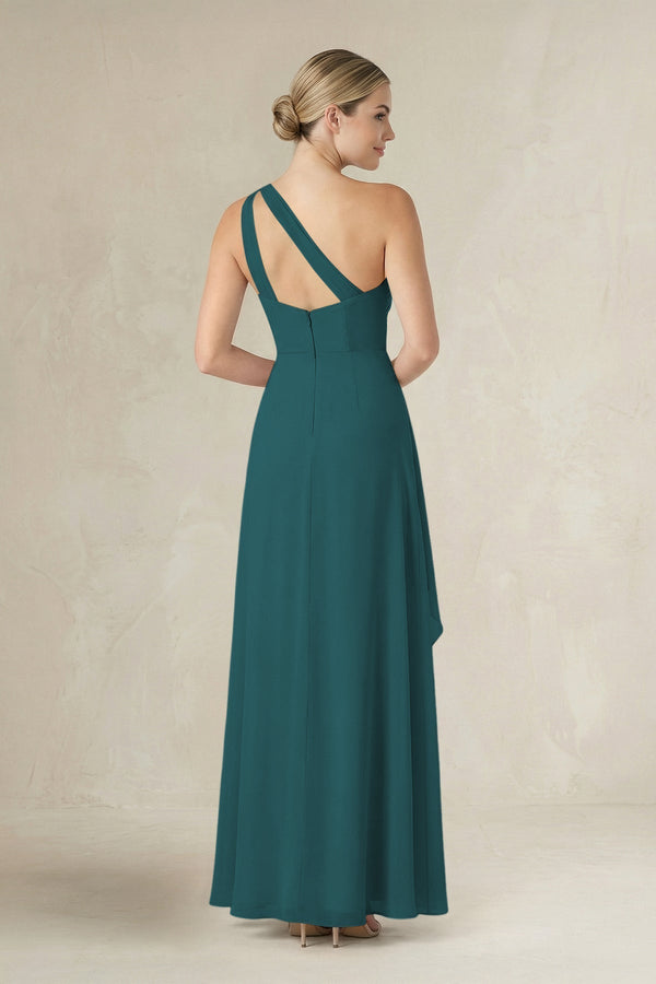 One - Shoulder Sheath Ruched Ruffled Bridesmaid Dress in Pine - KissProm Bridesmaid Dresses