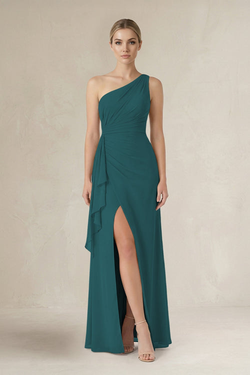 One - Shoulder Sheath Ruched Ruffled Bridesmaid Dress in Pine - KissProm Bridesmaid Dresses