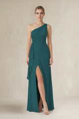 One - Shoulder Sheath Ruched Ruffled Bridesmaid Dress in Pine - KissProm Bridesmaid Dresses