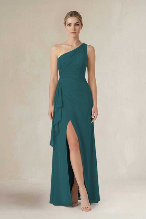 One - Shoulder Sheath Ruched Ruffled Bridesmaid Dress in Pine - KissProm Bridesmaid Dresses
