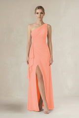 One - Shoulder Sheath Ruched Ruffled Bridesmaid Dress in Rosette - KissProm Bridesmaid Dresses