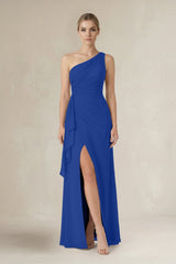 One - Shoulder Sheath Ruched Ruffled Bridesmaid Dress in Royal Blue - KissProm Bridesmaid Dresses