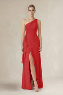 One - Shoulder Sheath Ruched Ruffled Bridesmaid Dress in Ruby Red - KissProm Bridesmaid Dresses