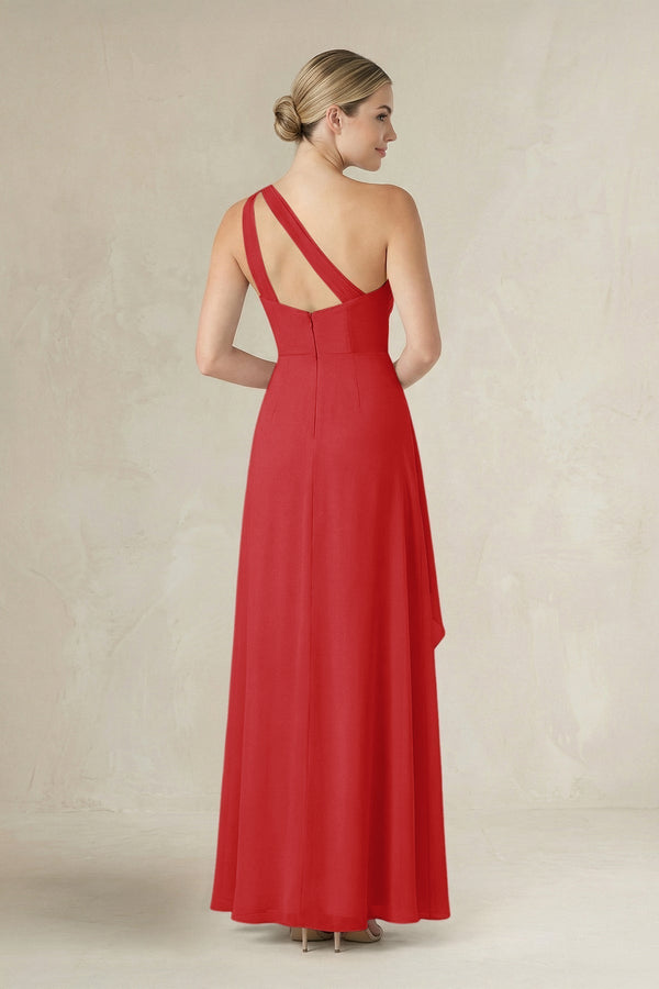 One - Shoulder Sheath Ruched Ruffled Bridesmaid Dress in Ruby Red - KissProm Bridesmaid Dresses