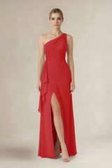 One - Shoulder Sheath Ruched Ruffled Bridesmaid Dress in Ruby Red - KissProm Bridesmaid Dresses