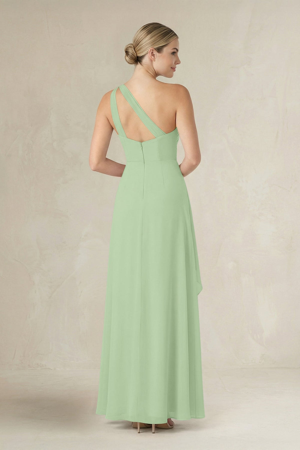 One - Shoulder Sheath Ruched Ruffled Bridesmaid Dress in Sage - KissProm Bridesmaid Dresses