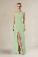One - Shoulder Sheath Ruched Ruffled Bridesmaid Dress in Sage - KissProm Bridesmaid Dresses