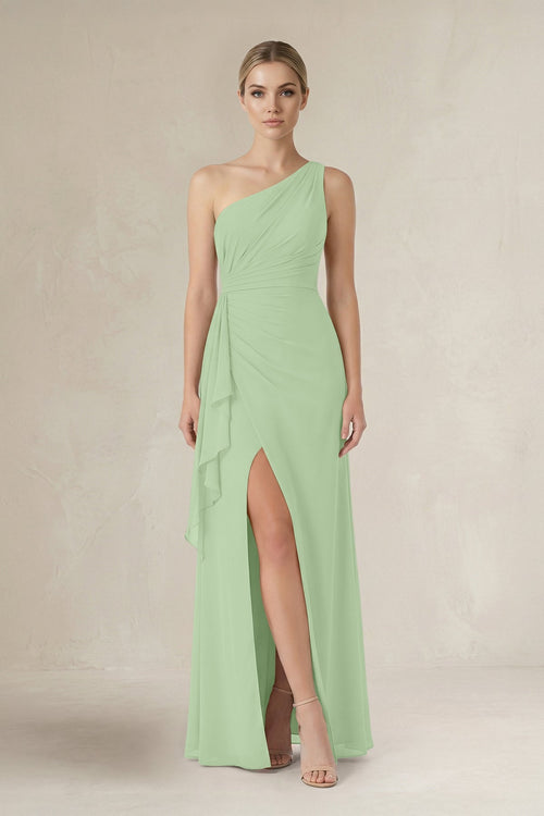 One - Shoulder Sheath Ruched Ruffled Bridesmaid Dress in Sage - KissProm Bridesmaid Dresses