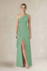 One - Shoulder Sheath Ruched Ruffled Bridesmaid Dress in Sea Glass - KissProm Bridesmaid Dresses