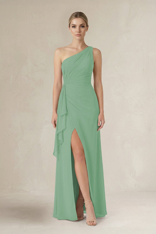 One - Shoulder Sheath Ruched Ruffled Bridesmaid Dress in Sea Glass - KissProm Bridesmaid Dresses