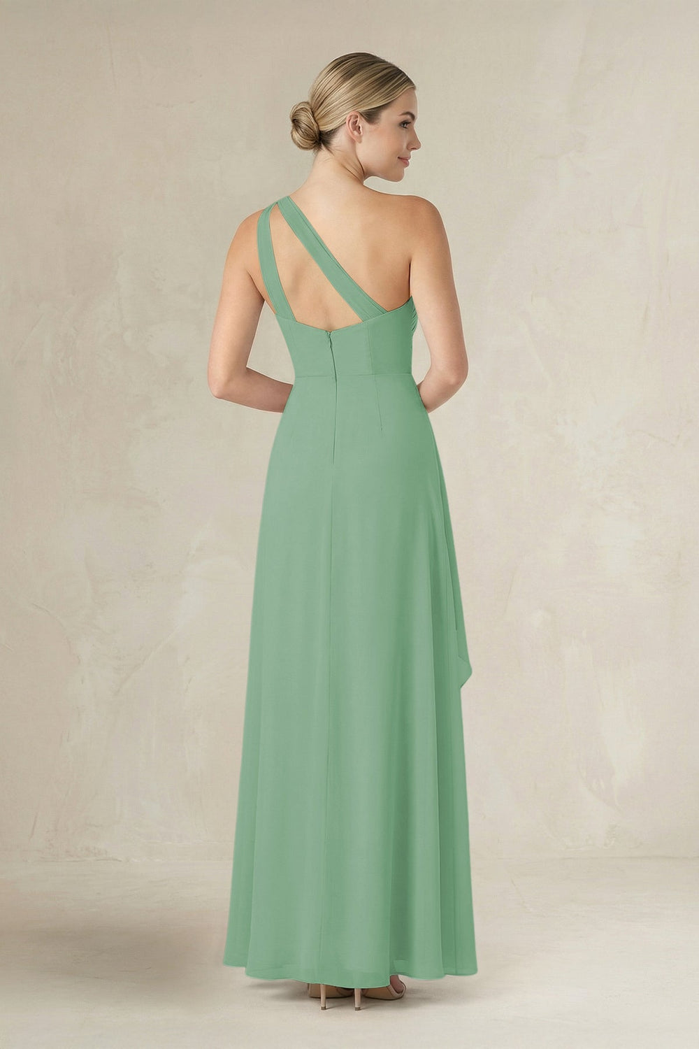 One - Shoulder Sheath Ruched Ruffled Bridesmaid Dress in Sea Glass - KissProm Bridesmaid Dresses