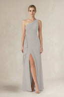 One - Shoulder Sheath Ruched Ruffled Bridesmaid Dress in Silver - KissProm Bridesmaid Dresses