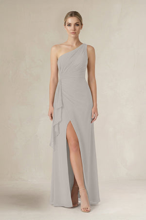 One - Shoulder Sheath Ruched Ruffled Bridesmaid Dress in Silver - KissProm Bridesmaid Dresses