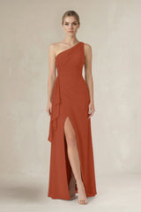 One - Shoulder Sheath Ruched Ruffled Bridesmaid Dress in Spice - KissProm Bridesmaid Dresses