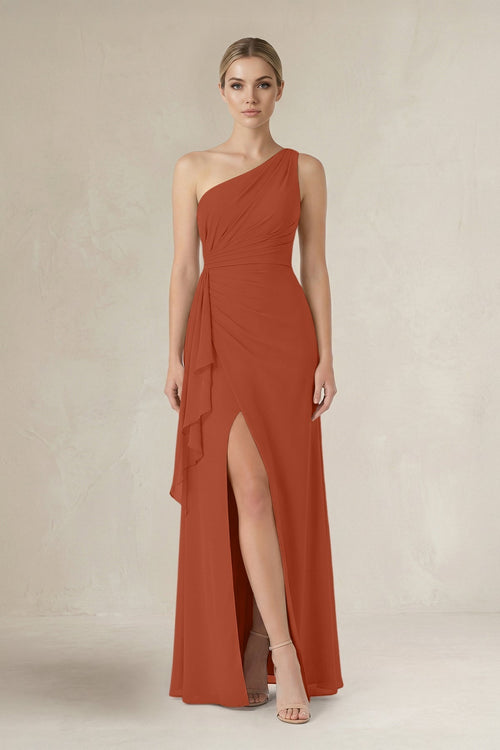 One - Shoulder Sheath Ruched Ruffled Bridesmaid Dress in Spice - KissProm Bridesmaid Dresses