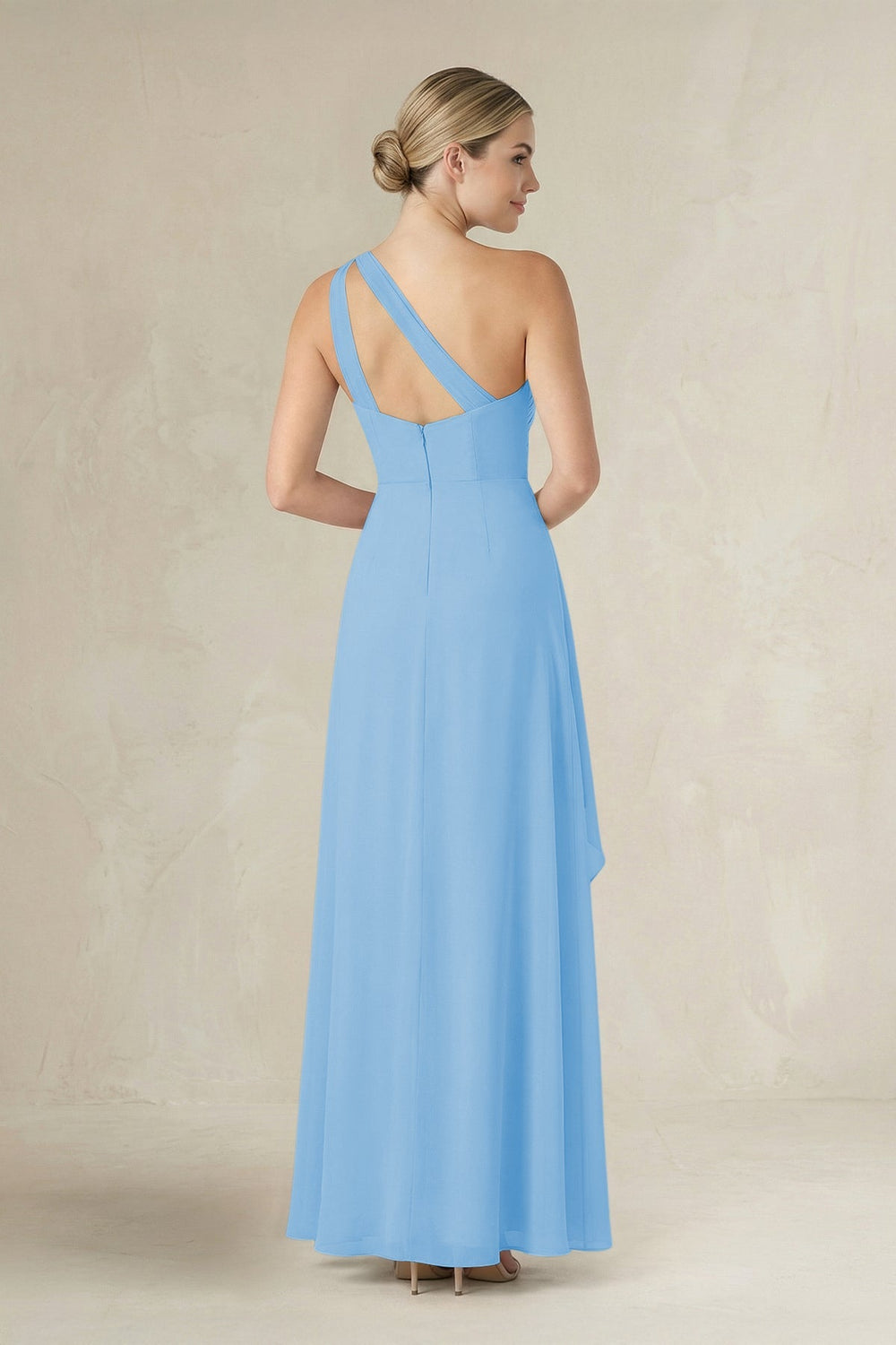 One - Shoulder Sheath Ruched Ruffled Bridesmaid Dress in Steel Blue - KissProm Bridesmaid Dresses