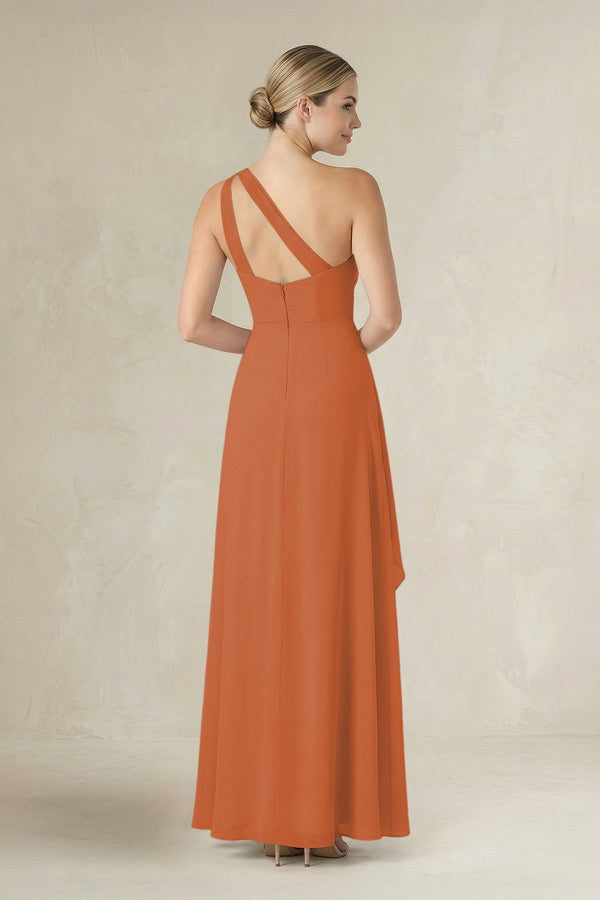 One - Shoulder Sheath Ruched Ruffled Bridesmaid Dress in Terracotta - KissProm Bridesmaid Dresses